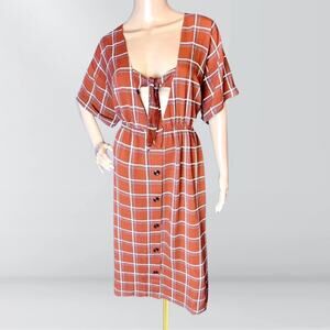 NWT Le Lis Burnt Orange Plaid Checkered Dolman Sleeve Front Tie Midi Dress